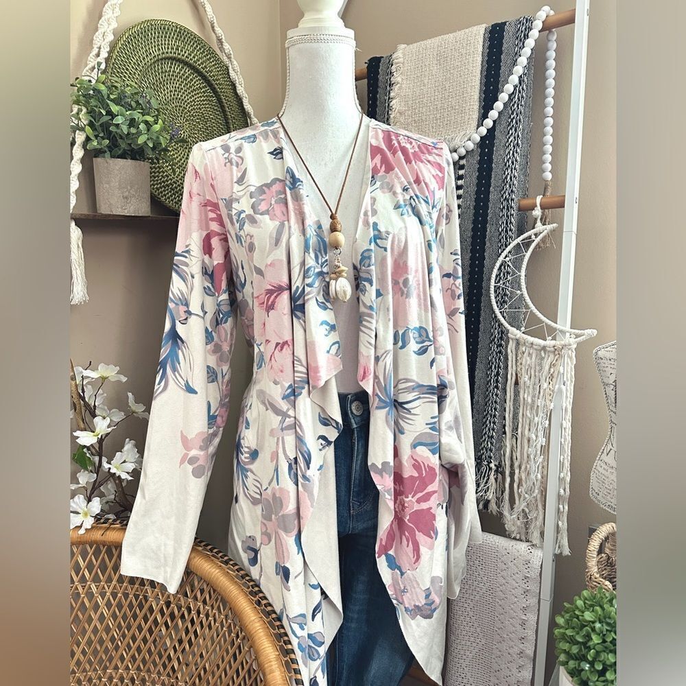 Cloth & Portrait Floral Faux Suede Open Lightweight Waterfall Cardigan